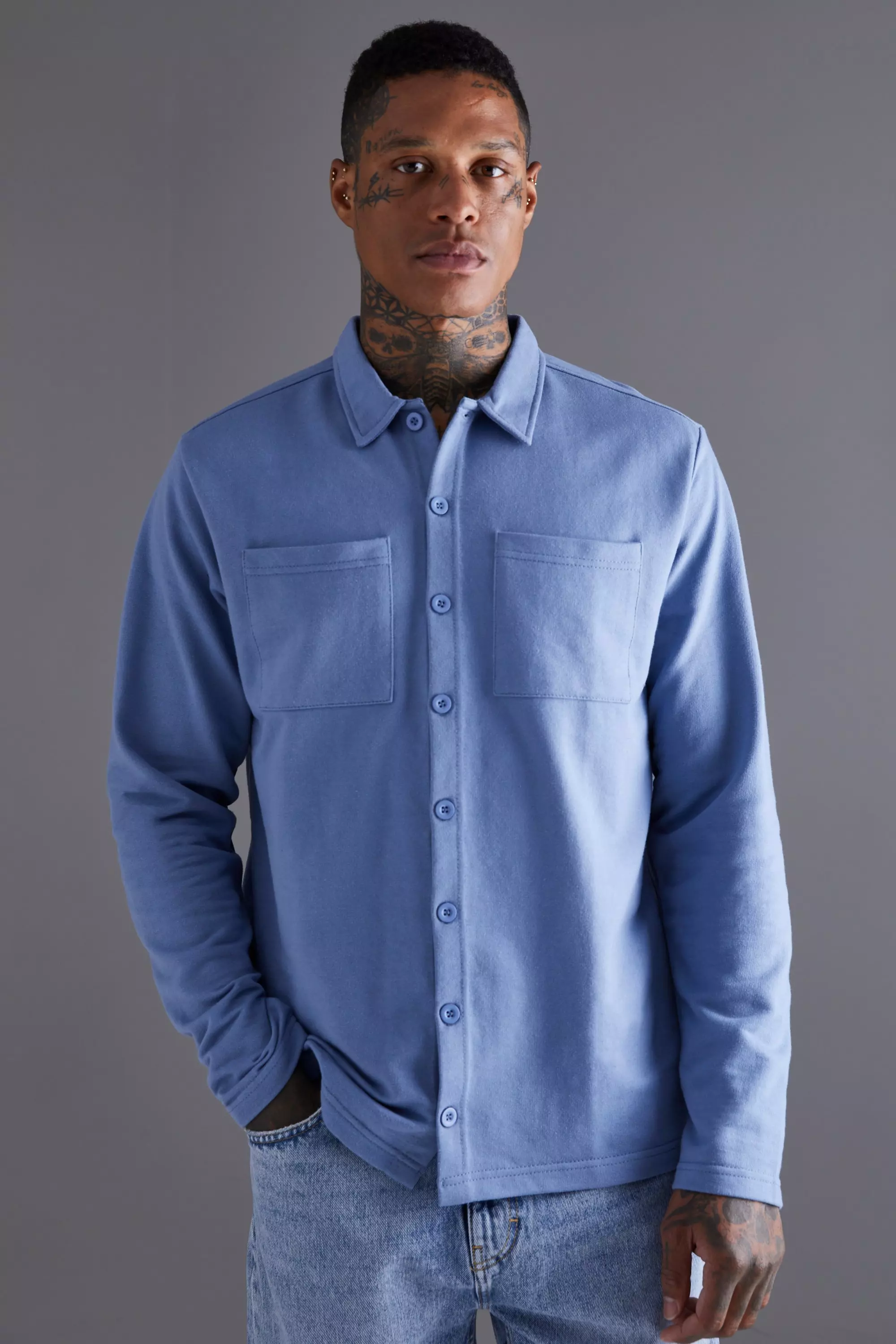Jersey Utility Button Through Shacket boohooMAN USA
